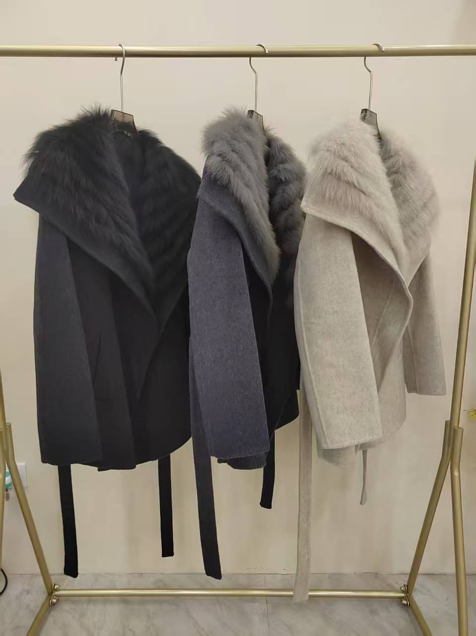 Womens Fox Fur Collar Cashmere Belted Coat