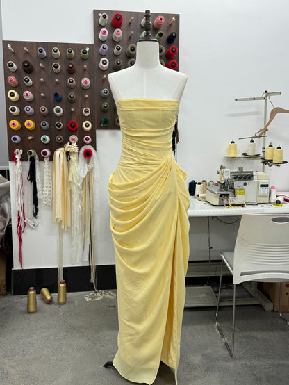 Sexy Slit Ruched Waist Strapless Long Dress