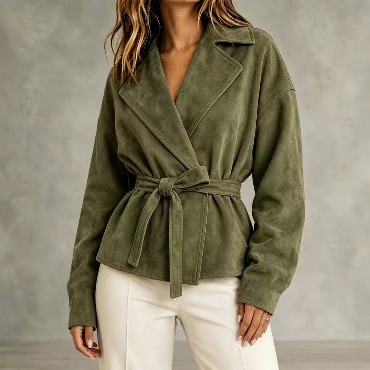 Lapel Suede Lace-Up Short Coat Loose Long Sleeve Jacket