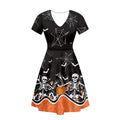 Xpyiqun Halloween skull skeleton dress women, short sleeve tunic dress with spiderweb and pumpkin design, knee length flowy swing dress.