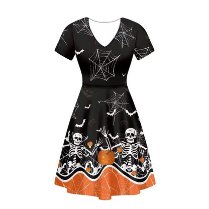Xpyiqun Halloween Outfits Dresses Women Short Sleeve Tunic Dress Skull Skeleton Knee Length Dresses Flowy Swing Party Dance Dresses Summer Casual Sundress Cover Up Dresses for Ladies L by Dropshipman