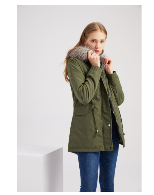 Großer Pelzkragen Verdickter Damen Steppmantel Mittellanger Kapuzen Winter Warmer Fleece-Mantel Steppmantel