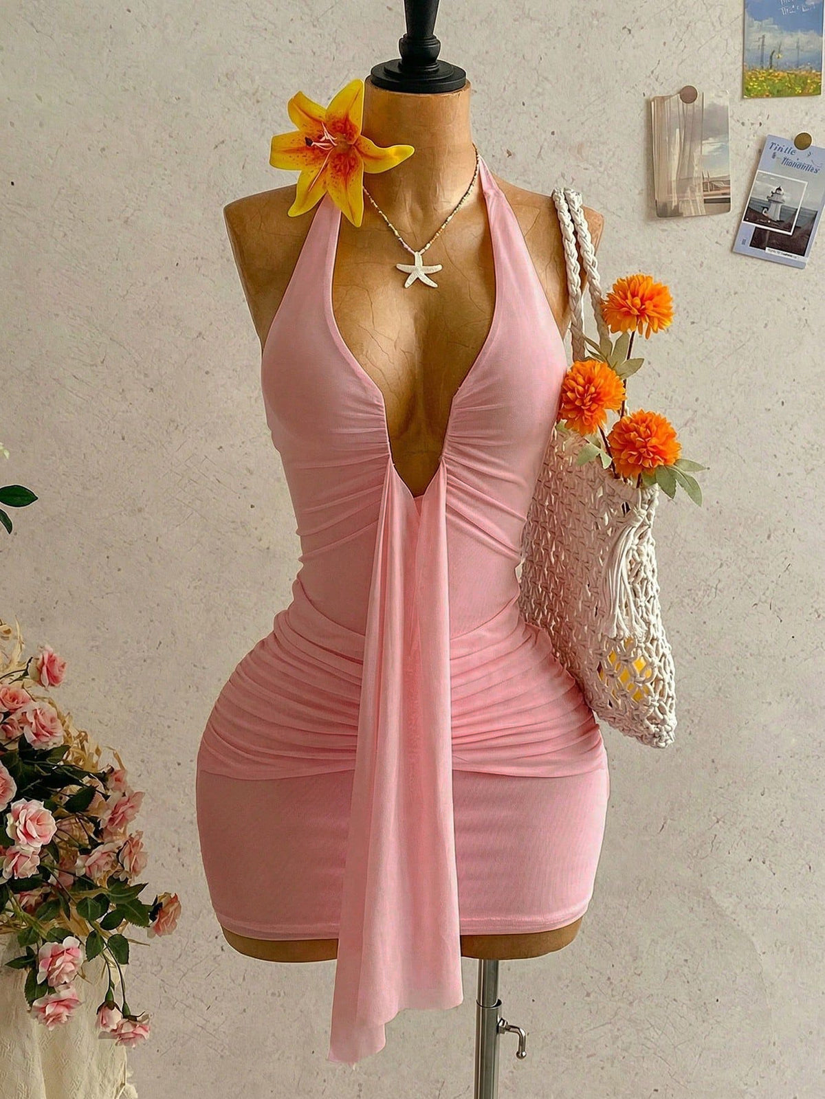Summer Halter Neck Backless Pleated Solid Color Dress for Women