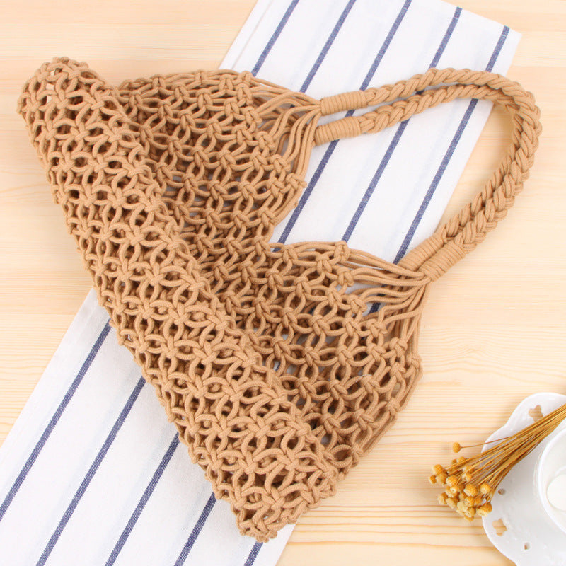 Einfarbige Umhängetasche für Damen, Mori-Stil, Strohtasche, handgefertigte Netztasche aus Baumwollschnur, Strandtasche