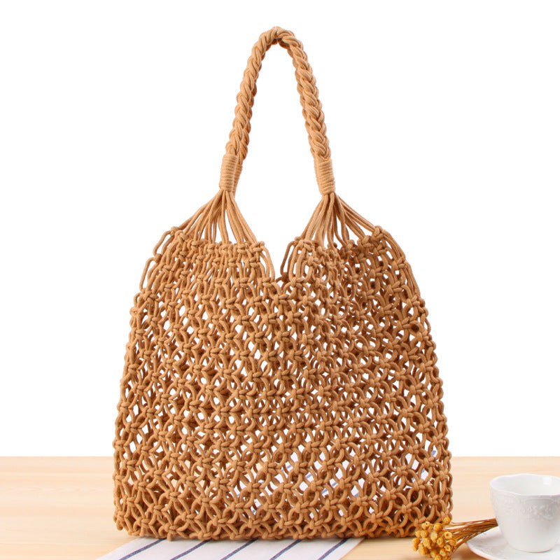 Einfarbige Umhängetasche für Damen, Mori-Stil, Strohtasche, handgefertigte Netztasche aus Baumwollschnur, Strandtasche