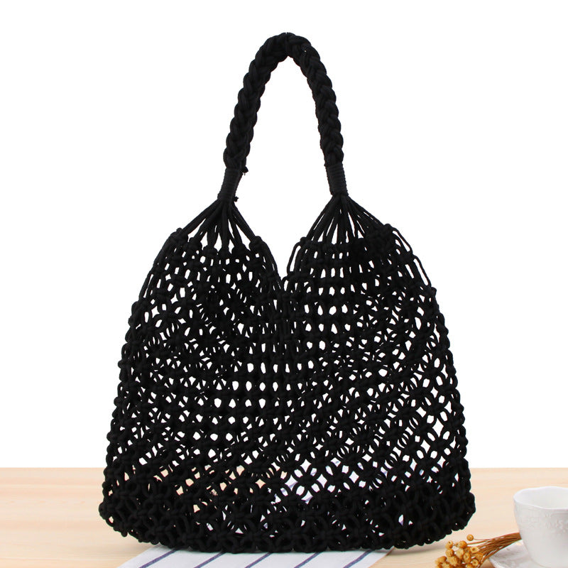 Einfarbige Umhängetasche für Damen, Mori-Stil, Strohtasche, handgefertigte Netztasche aus Baumwollschnur, Strandtasche