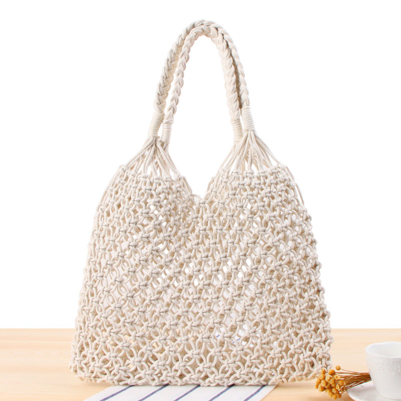 Einfarbige Umhängetasche für Damen, Mori-Stil, Strohtasche, handgefertigte Netztasche aus Baumwollschnur, Strandtasche