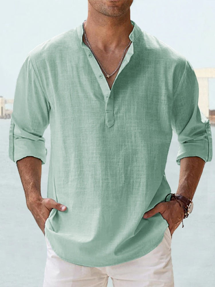 Mens Casual Stand Collar Long Sleeve Cotton Shirt