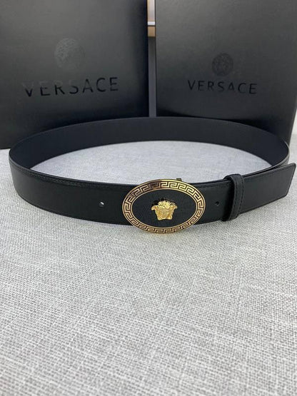 Versace Black Leather Vitello Belt Gold Medallion Buckle