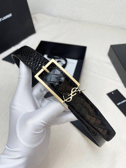 Saint Laurent Classic Monogram Square Buckle Belt Crocodile Embossed Leather