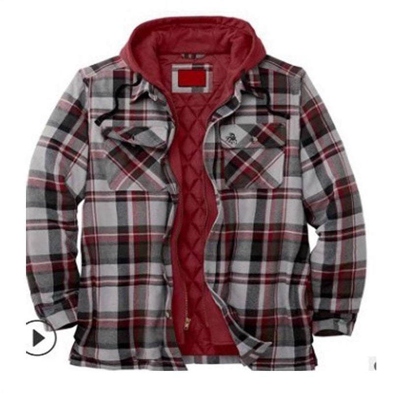 Mens Thickened Plaid Hooded Cotton Coat Long Sleeve Zipper Shirt Jacket