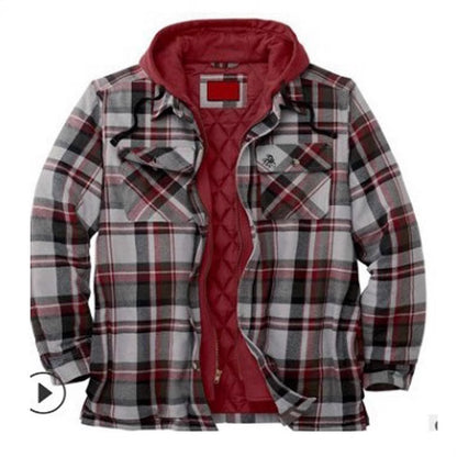 Mens Thickened Plaid Hooded Cotton Coat Long Sleeve Zipper Shirt Jacket