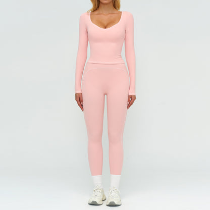 Color-Blocking Brushed Yoga Set for Women Double Shoulder Straps Workout Fitness Suit