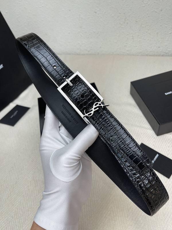 Saint Laurent Classic Monogram Square Buckle Belt Crocodile Embossed Leather