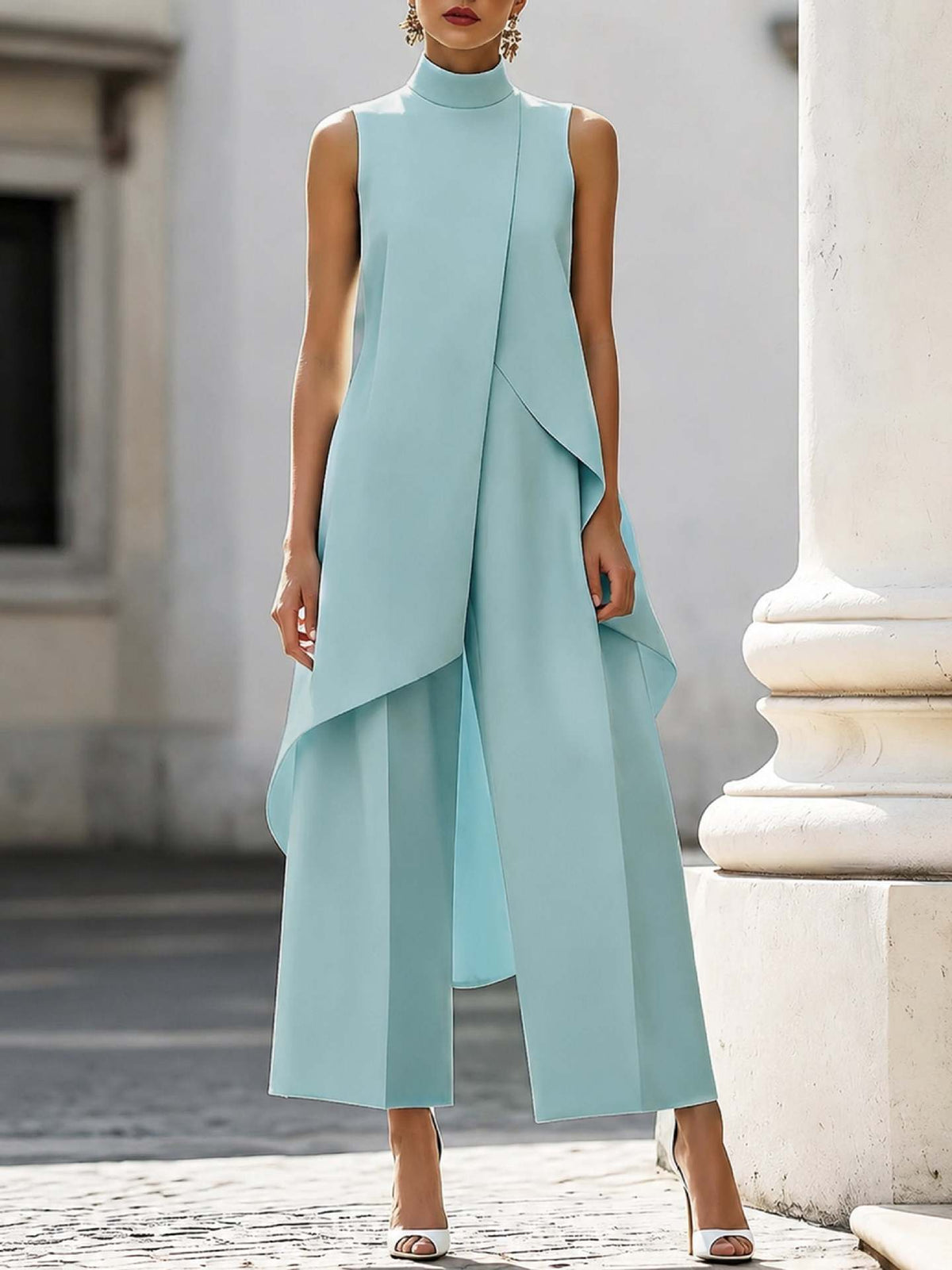 Sleeveless layered wide-leg pants