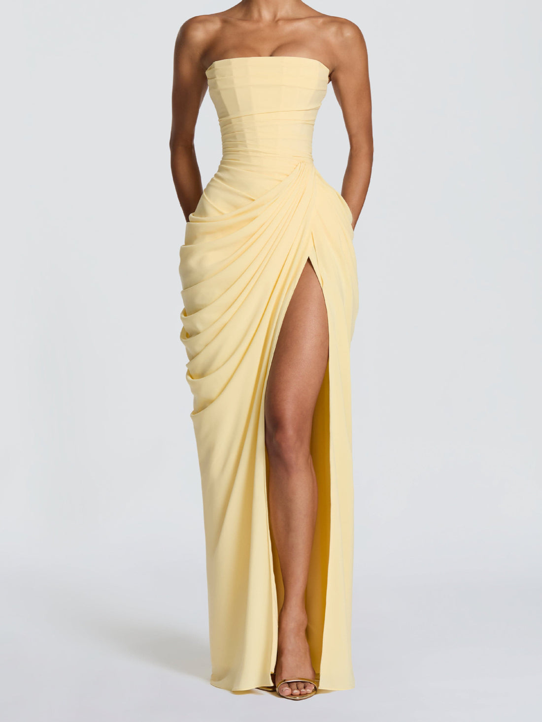 Sexy Slit Ruched Waist Strapless Long Dress
