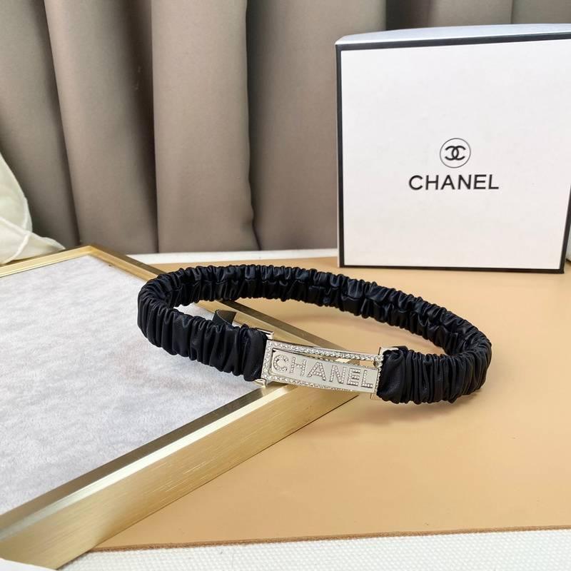 Chanel Logo Buckle Elastic Belt Leather with Metal and Crystals &