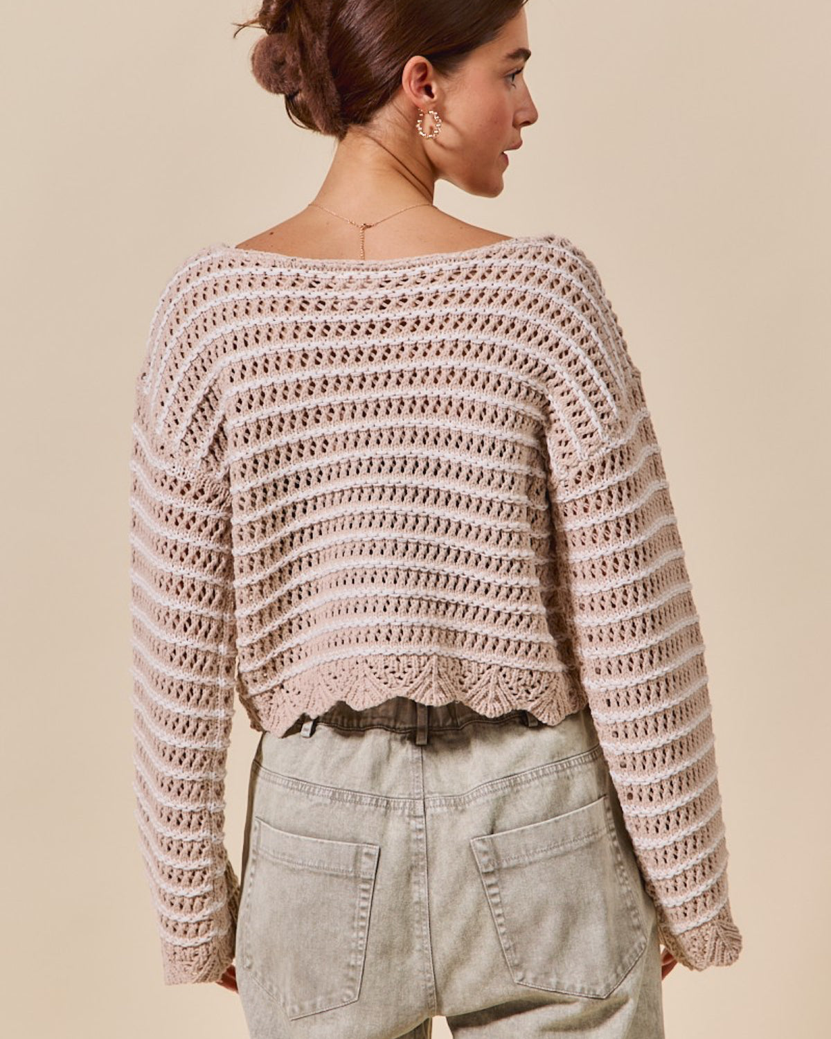 Textured Stripe Sweater W/ Scallop
