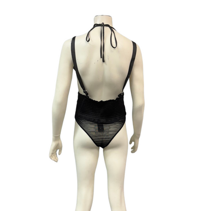 Lulus You Know the Frill Black Satin Ruffled Ruched Tie-Back Bodysuit, Size L