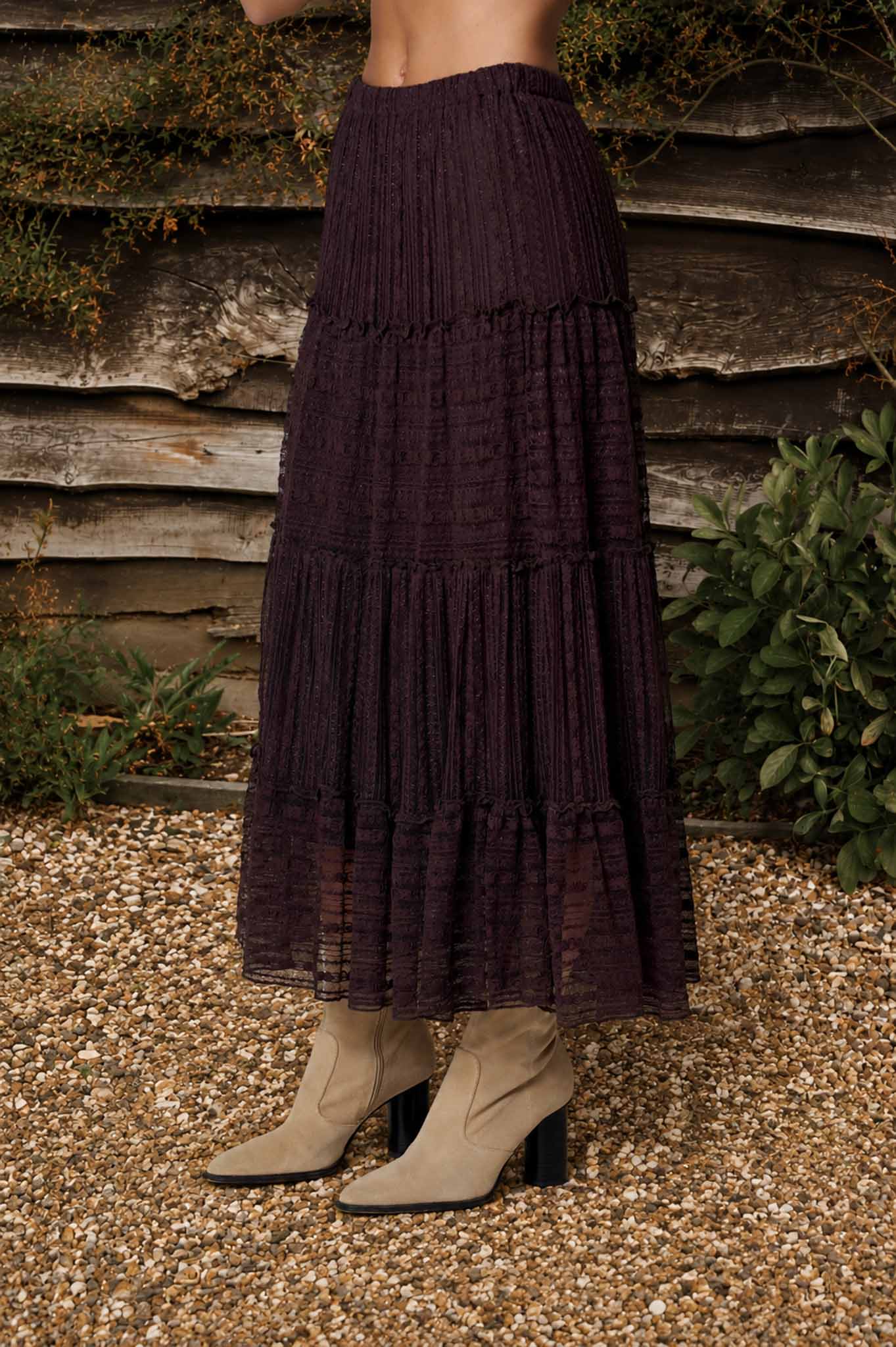 TEXTURED STRIPE RUFFLE TIERED MIDI SKIRT : CHOCOLATE BROWN
