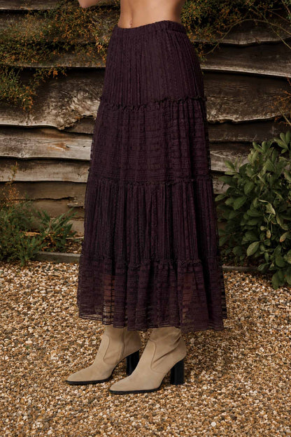 TEXTURED STRIPE RUFFLE TIERED MIDI SKIRT : CHOCOLATE BROWN