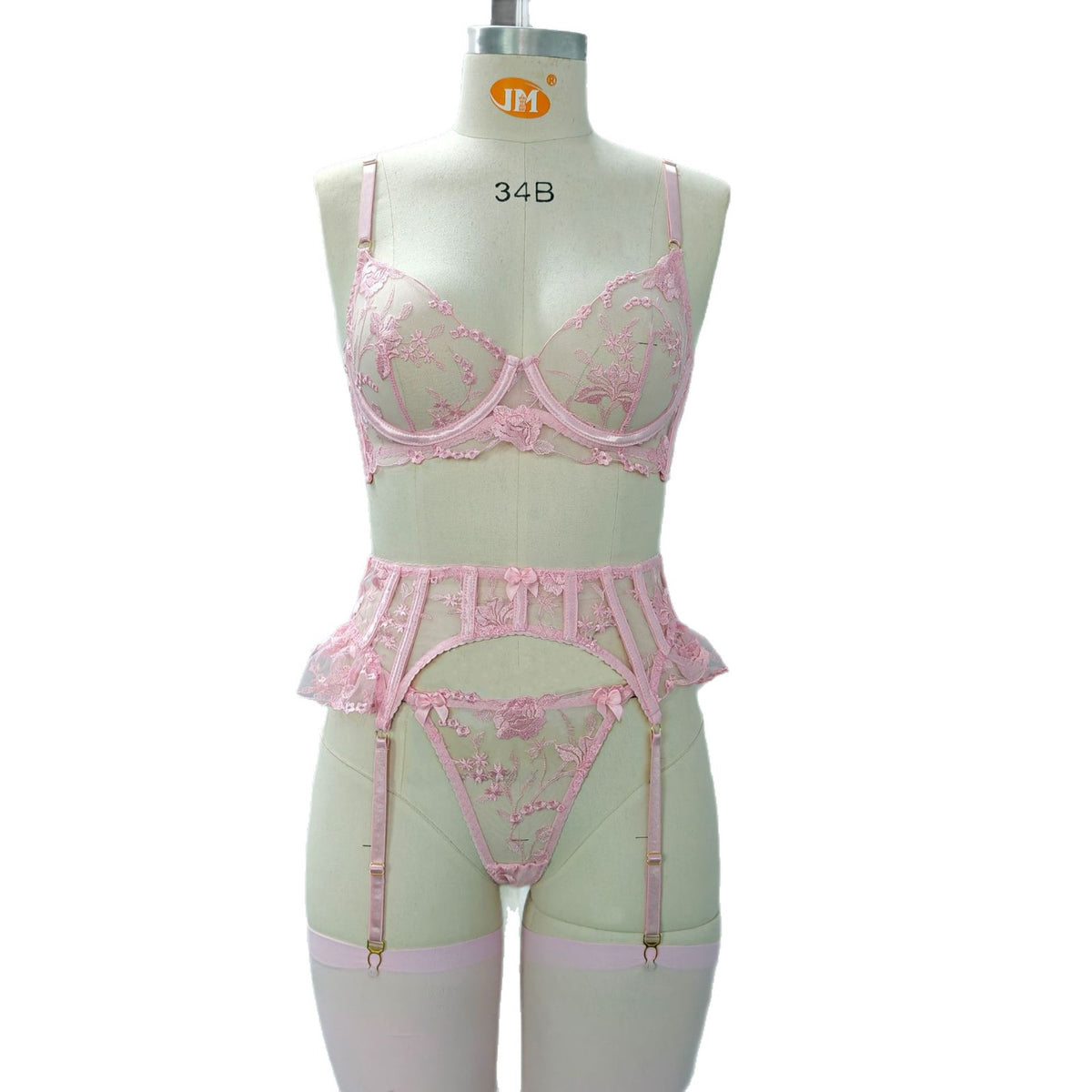 Floral Embroidery Lingerie Set with Garter Belt