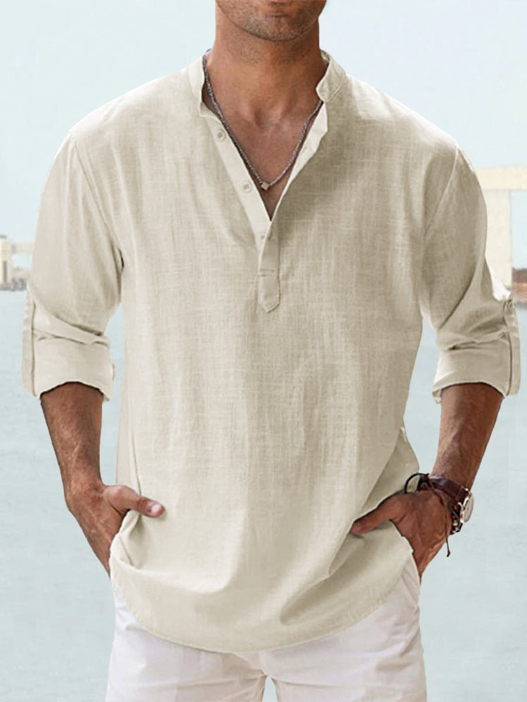 Mens Casual Stand Collar Long Sleeve Cotton Shirt