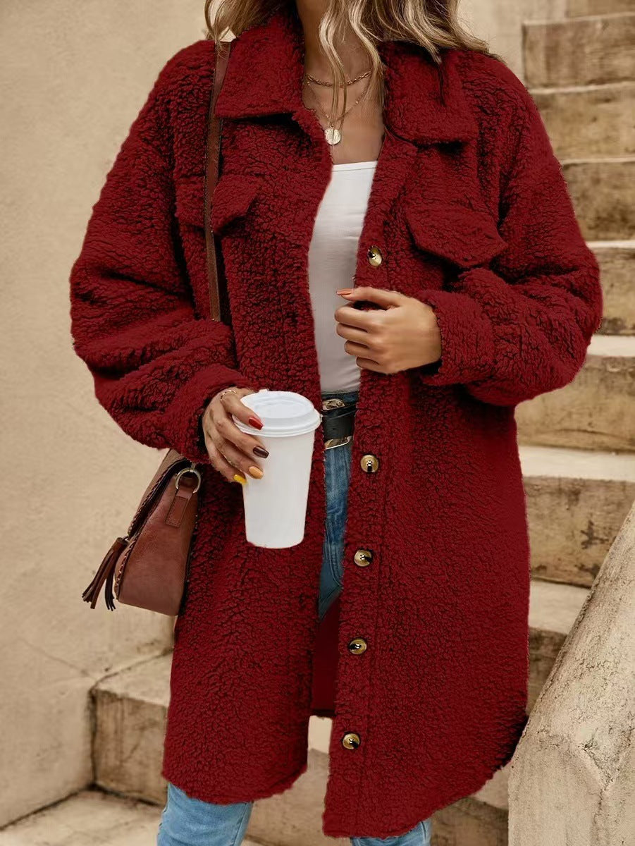 Womens Winter Plush Coat Open Front Lapel Long Coat