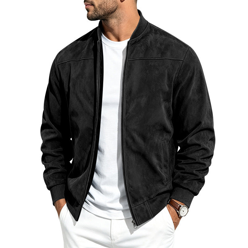 Men Casual Suede Zip Up Jacket Long Sleeve Outerwear