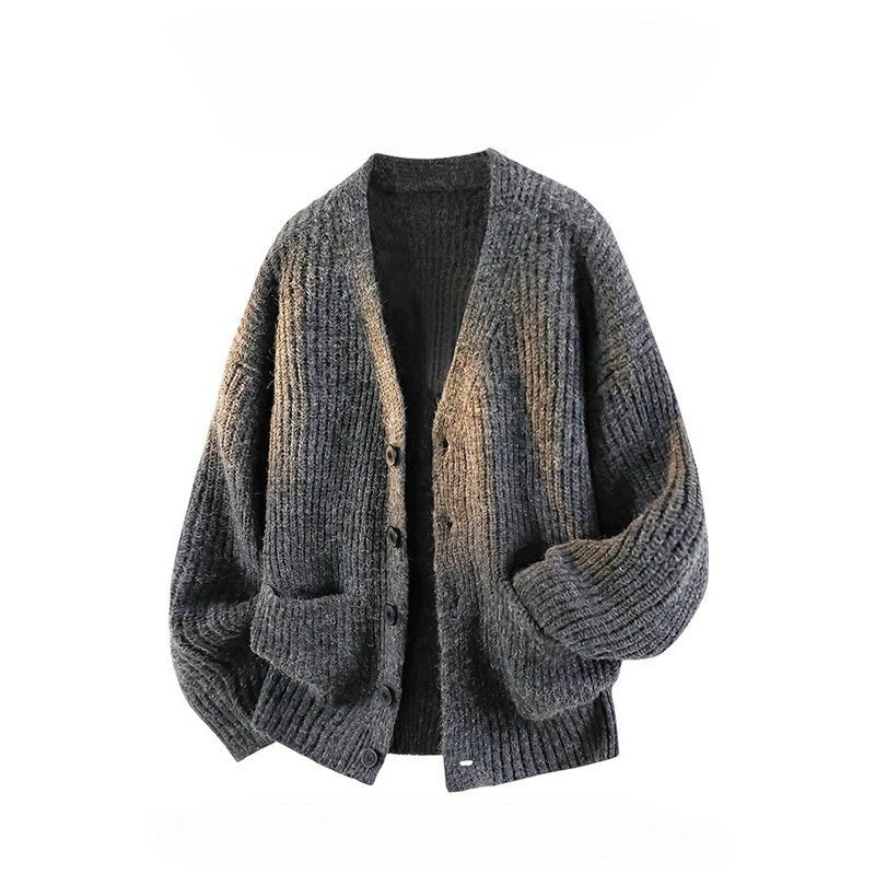 Mens V-Neck Knit Shirt Relaxed Fit Long Sleeve Top