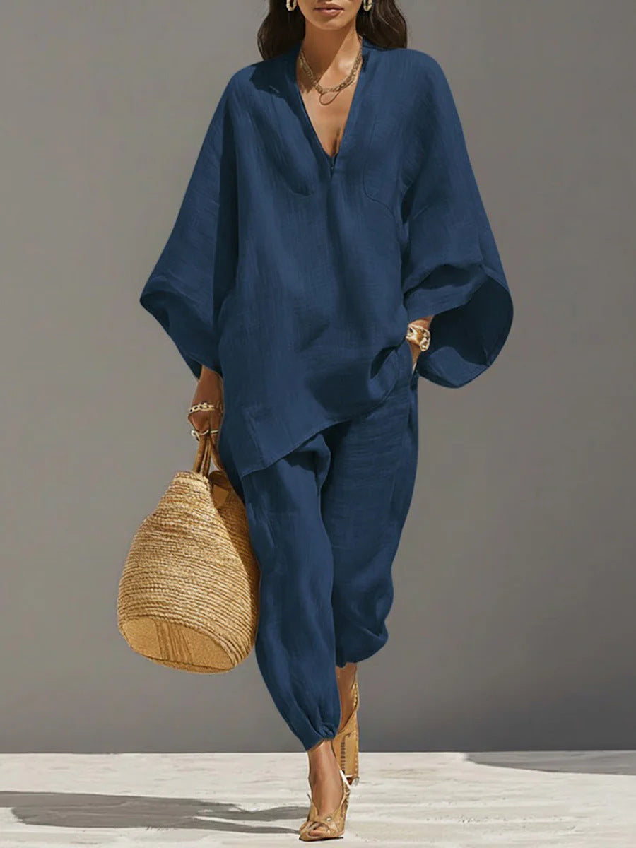 Batwing Sleeve V-Neck Casual Pants Suit