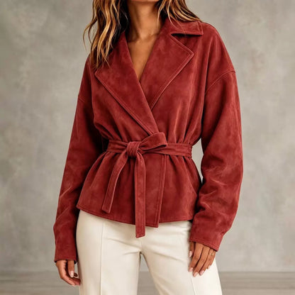 Lapel Suede Lace-Up Short Coat Loose Long Sleeve Jacket