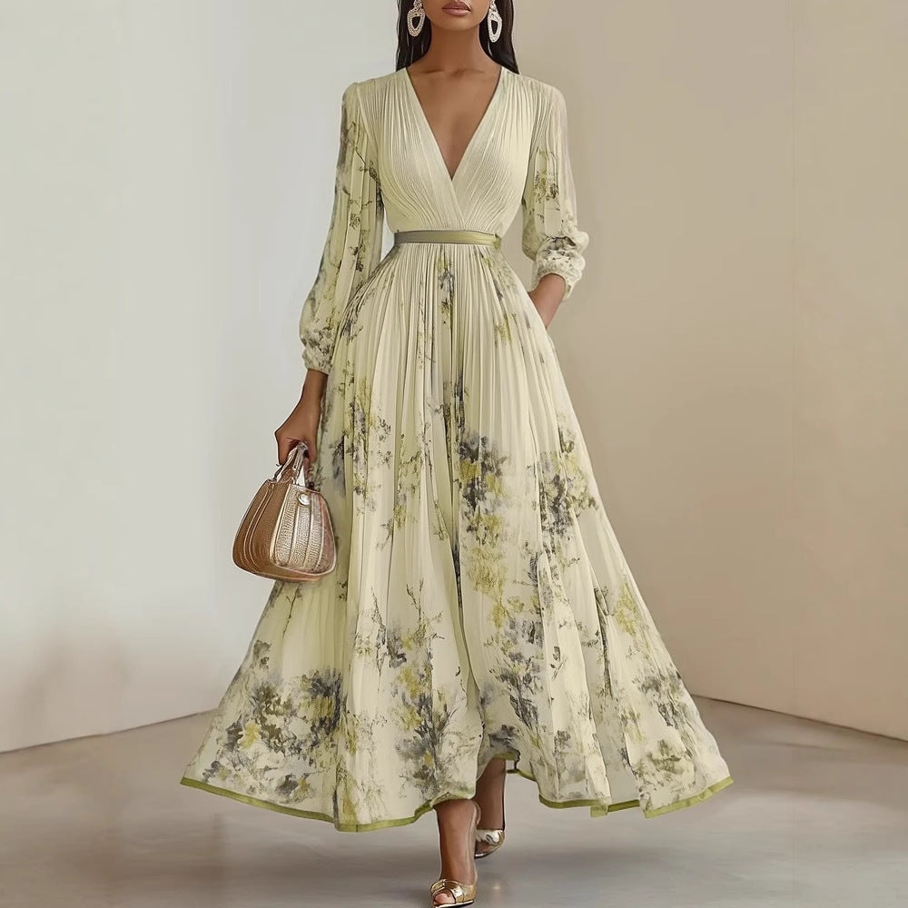 Floral Print V-Neck Pleated Dress