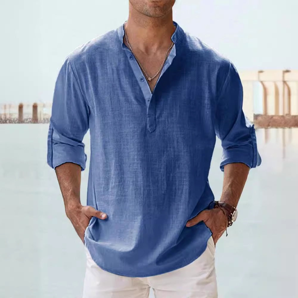Mens Casual Stand Collar Long Sleeve Cotton Shirt