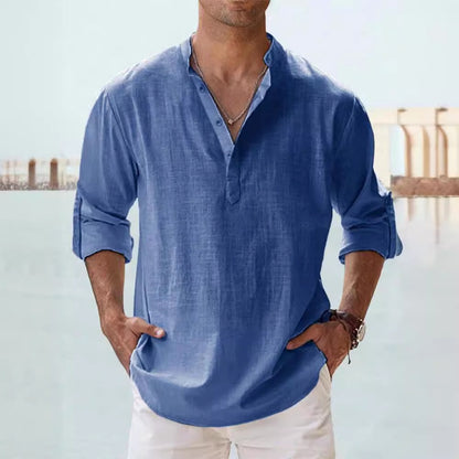 Mens Casual Stand Collar Long Sleeve Cotton Shirt