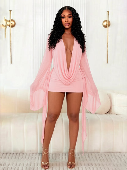 Womens Bell Sleeve Deep V Mesh Dress