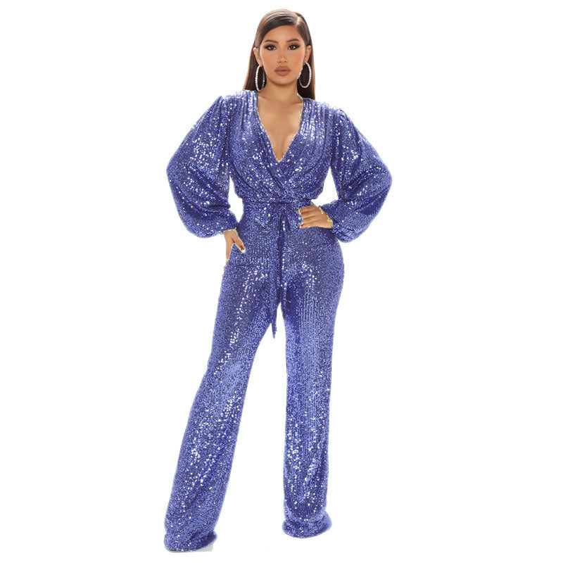 Womens Sequins V-Neck Wide Leg Pants