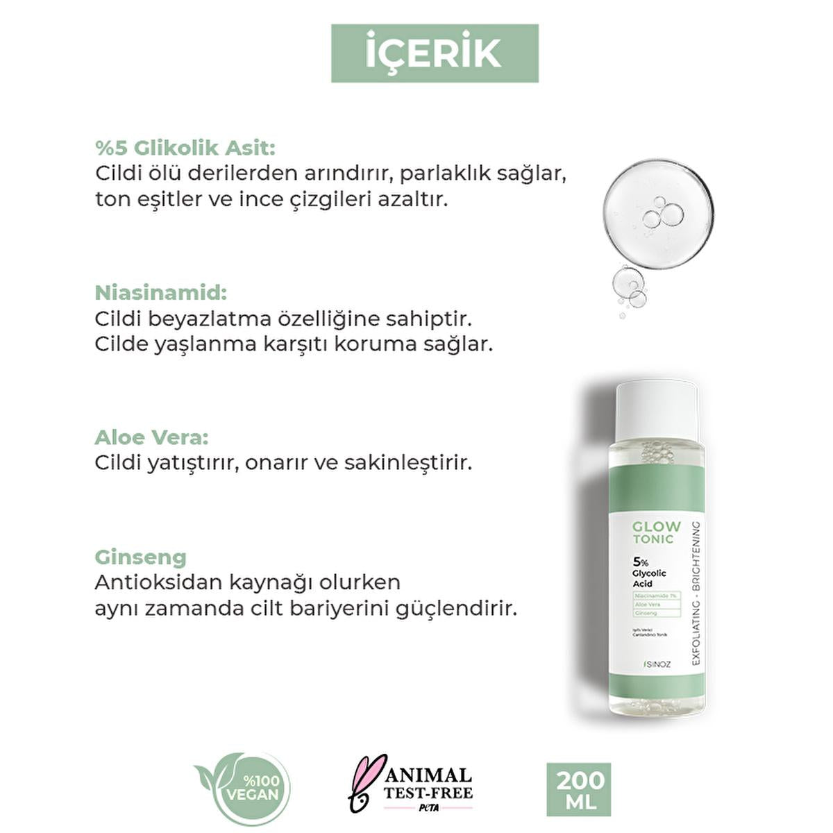 Sinoz Glow Tonik: Glycolic Acid Facial Toner for Exfoliating, Brightening &amp; Pore Minimizing - Aloe Vera, Ginseng, Niacinamide - Radiant Skin