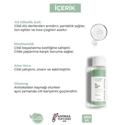 Sinoz Glow Tonik: Glycolic Acid Facial Toner for Exfoliating, Brightening &amp; Pore Minimizing - Aloe Vera, Ginseng, Niacinamide - Radiant Skin