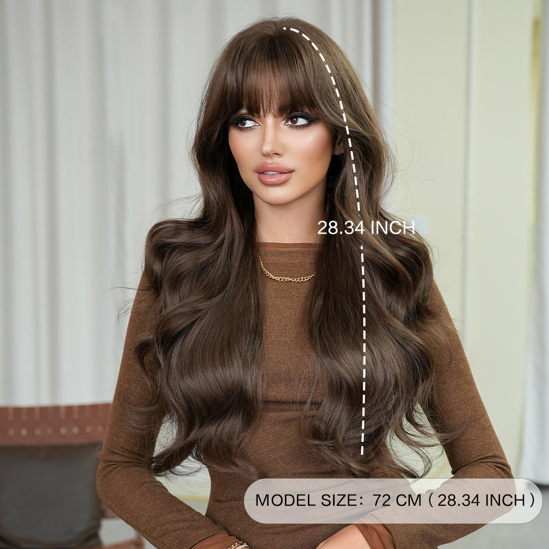 Long wavy hair with a natural topdoe of synthetic wig with a front fringe