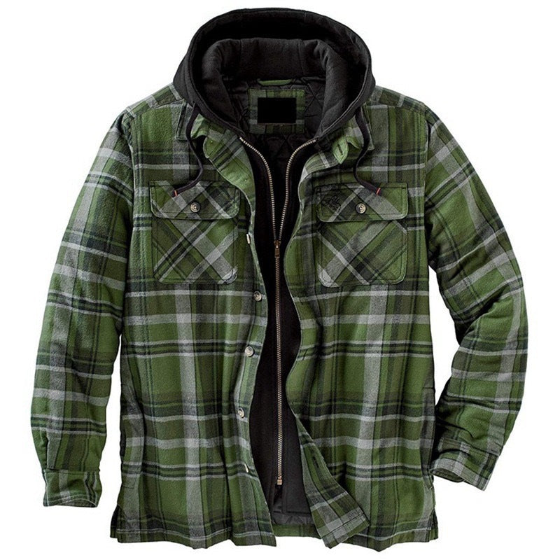 Thickened Cotton Plaid Long Sleeve Hooded Jacket