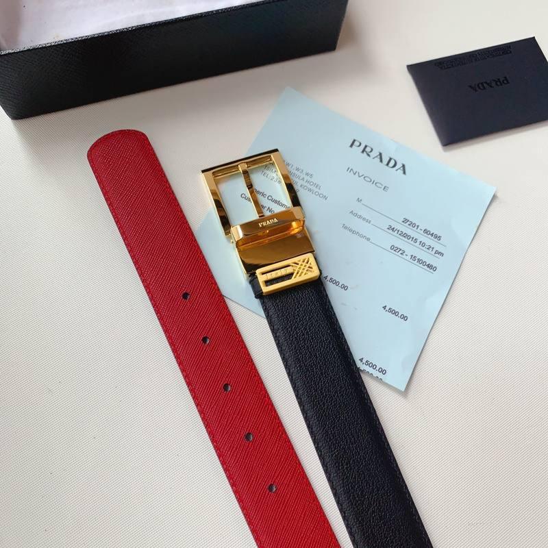 Prada Leather Reversible Belt With Triple Bucles &