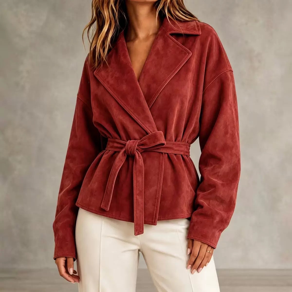 Lapel Suede Lace-Up Short Coat Loose Long Sleeve Jacket