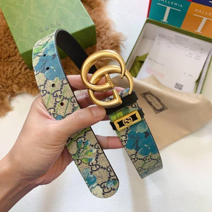 Gucci Guccissima Leather Floral Print Double Gold G Buckle Woman Belt