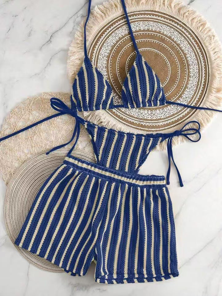 2Fashion Sexy Lace-up Striped Three-piece Swimsuit Women