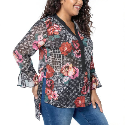 NY Collection Womens Plus Size Chiffon Bell-Sleeve Tunic, Size 1X