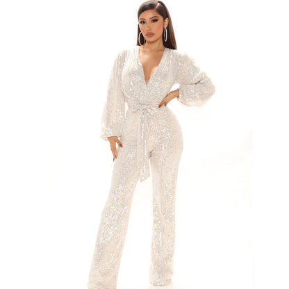 Womens Sequins V-Neck Wide Leg Pants