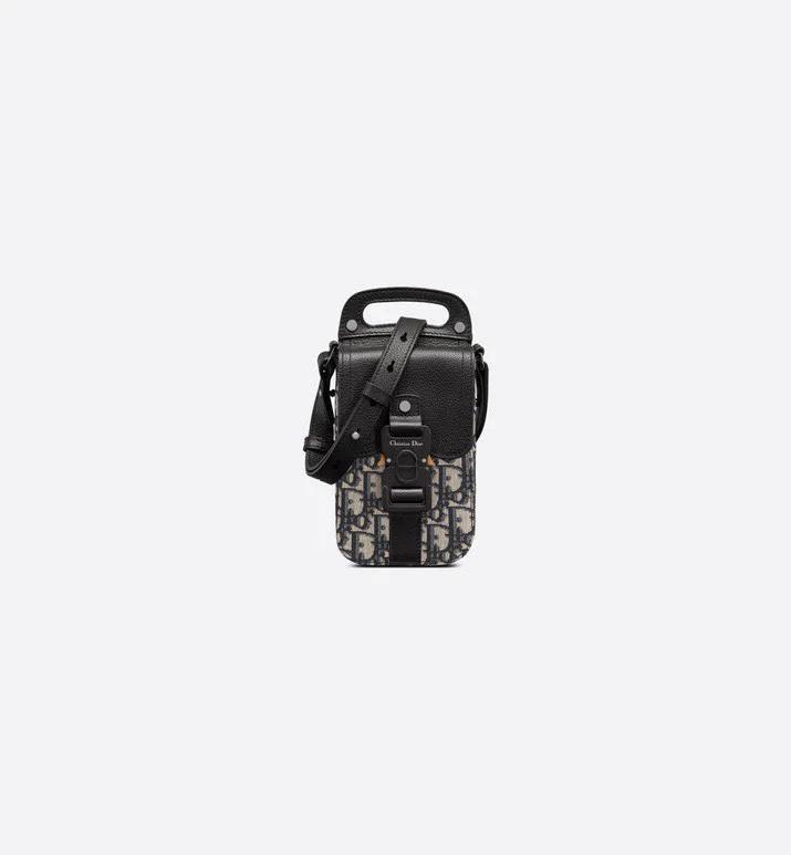 Saddle Vertical Pouch with Strap Beige and Black Dior Oblique Jacquard with Black Grained Calfskin