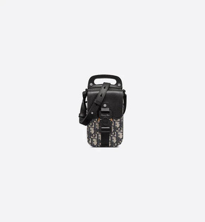 Saddle Vertical Pouch with Strap Beige and Black Dior Oblique Jacquard with Black Grained Calfskin