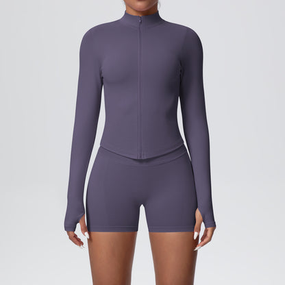 seamless solid color tight high elastic breathable zipper sports suit